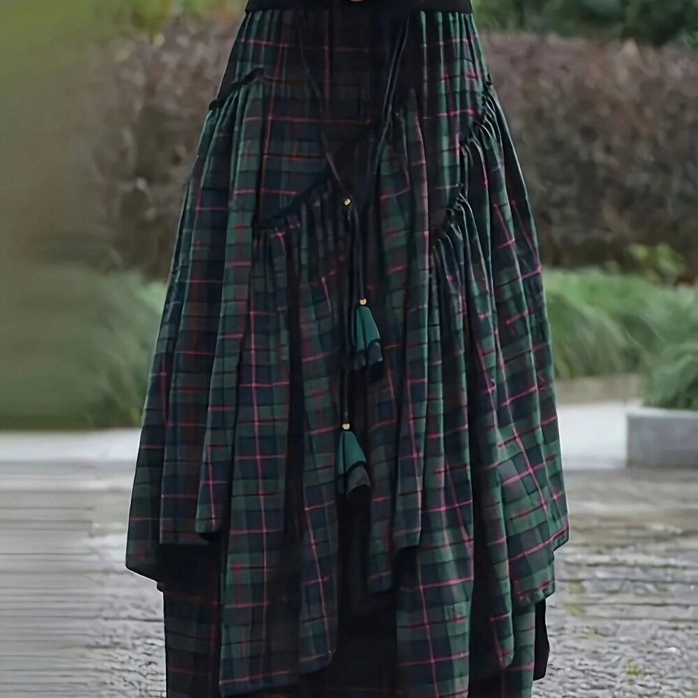 Green Casual Women's Plaid Asymmetrical Floral Belted Skirt - Picture 2 of 5